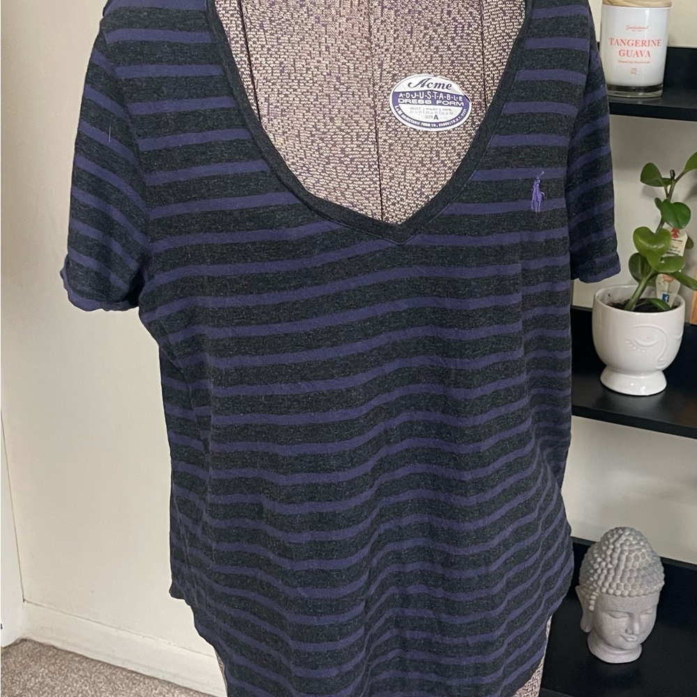 Ralph Lauren Navy and Black Striped V-Neck Tee